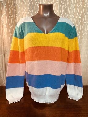 Elena Wong Striped V-Neck Summer Knit Sweater in Multi Colors